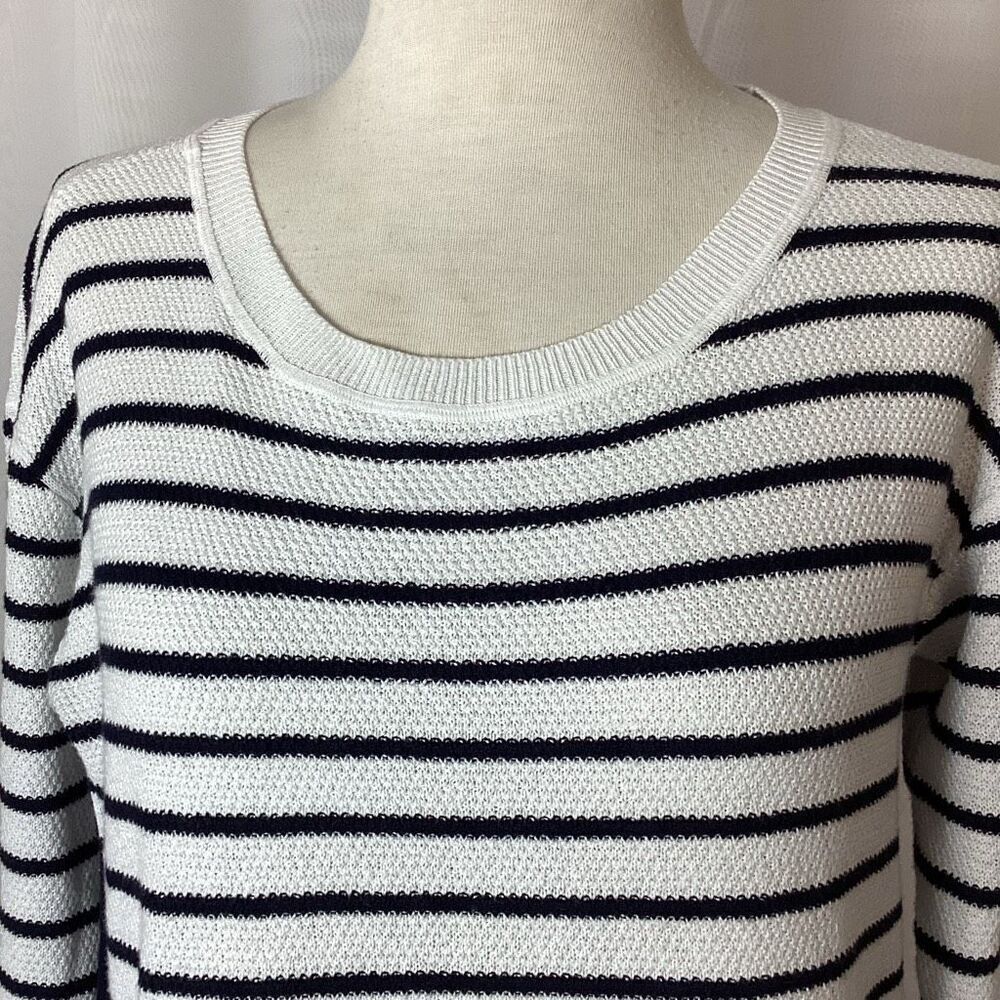 T By Talbots Navy White Striped Pique Ruched Crewneck Sweater Small Nautical Coa - Picture 5 of 10